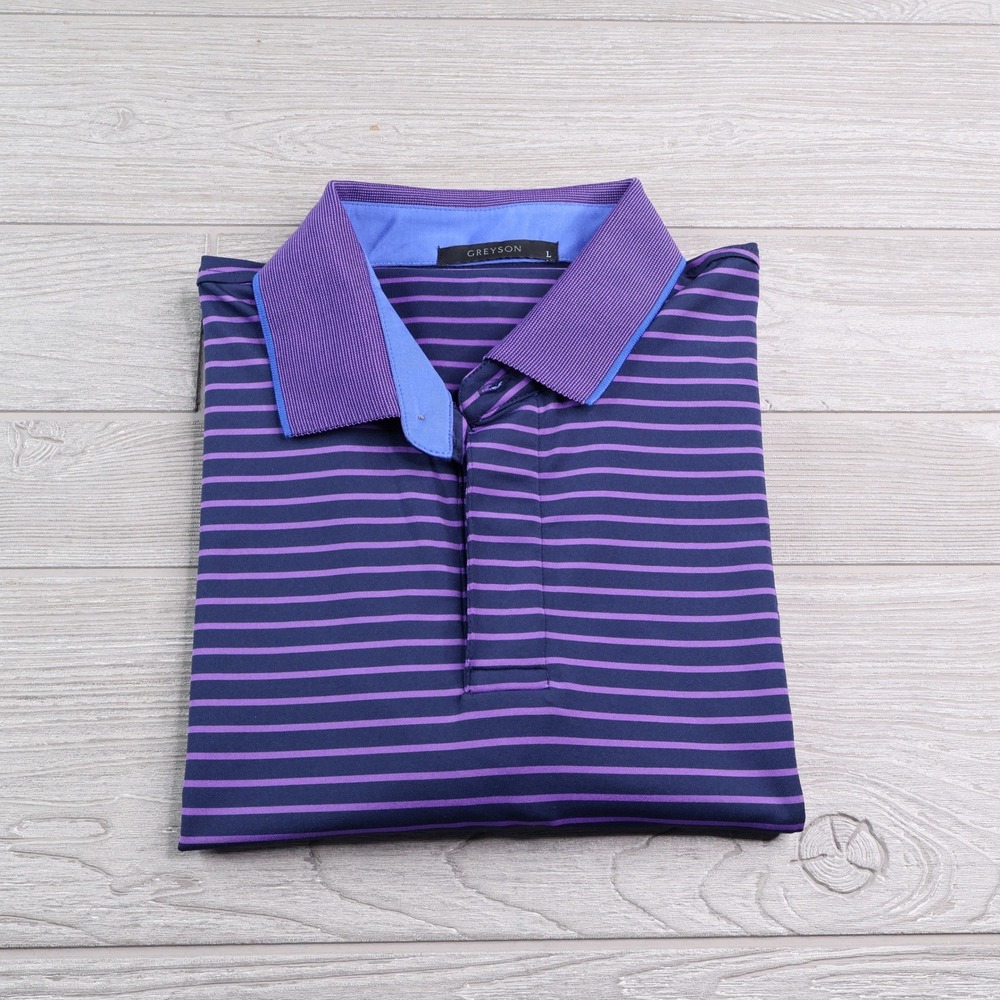 Greyson Striped Golf Polo Men's Large Navy Blue Purple Stretch
